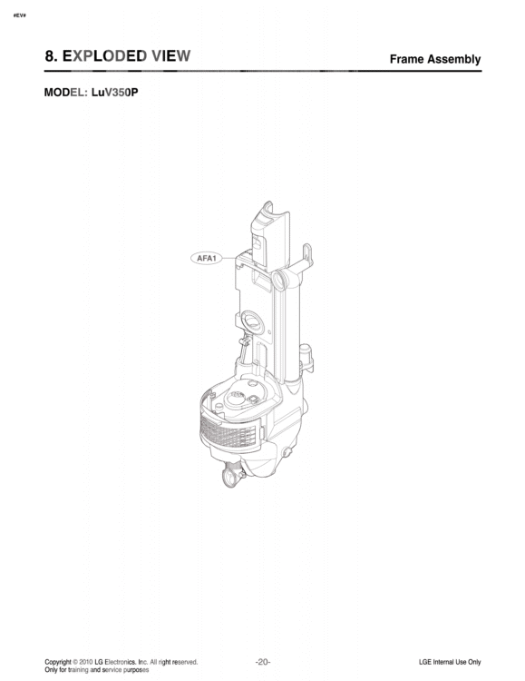 EXPLODED VIEW Frame Assembly Diagram and Parts List for LUV350P AP1ELGA LG Canister Vacuum