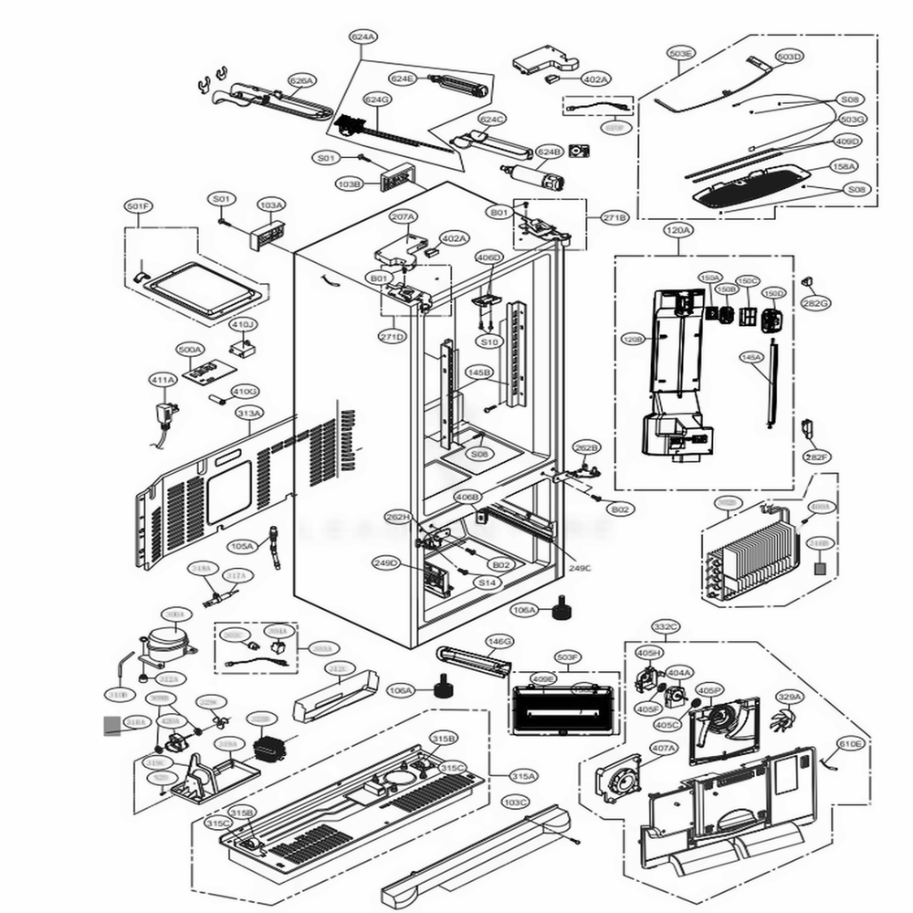Case Parts Diagram and Parts List for LFX28968D ASBCNA0 LG Refrigerator