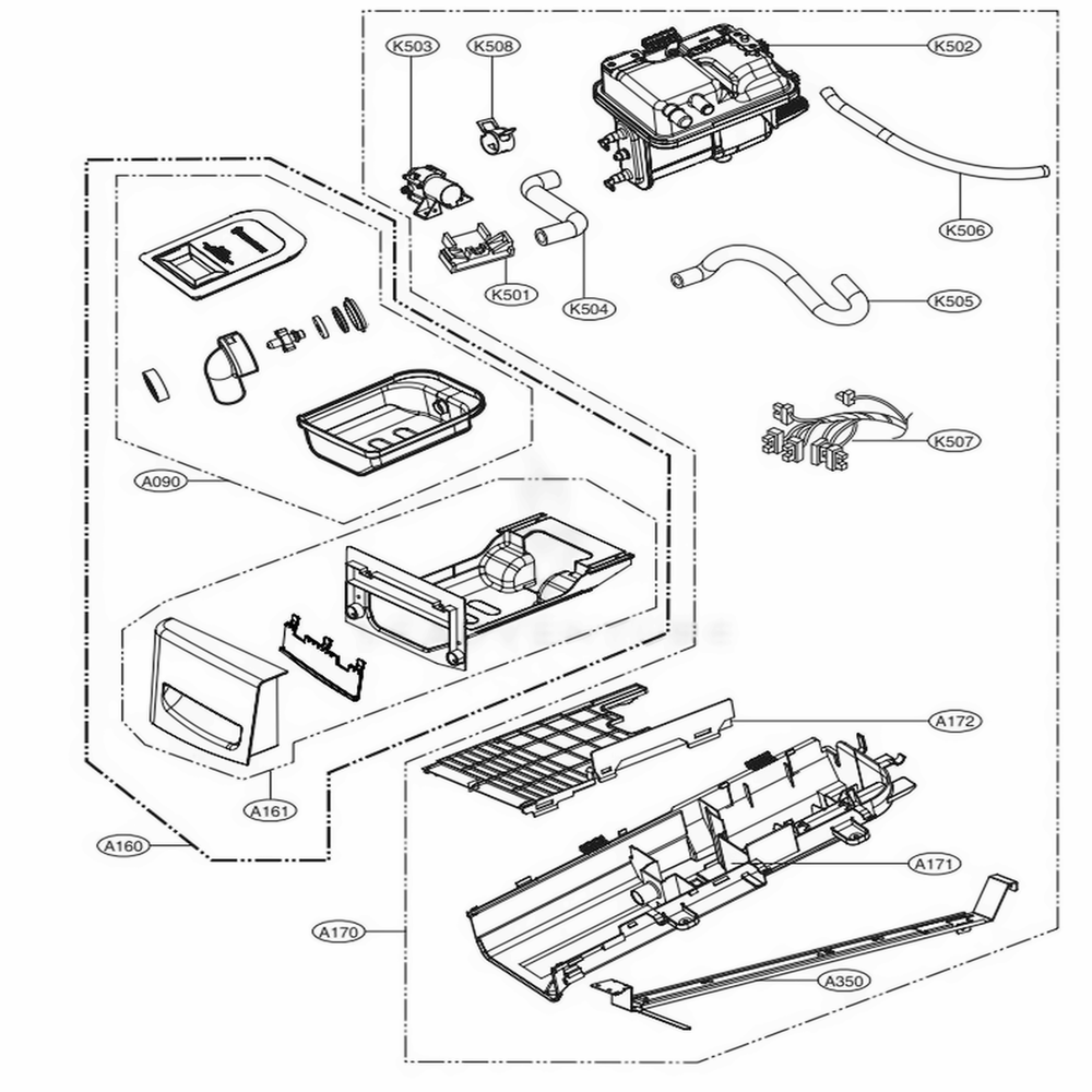 Panel Drawer Assembly And Guide Assembly Diagram and Parts List for DLEX3570W ABWEEUS LG Washer Dryer Combo