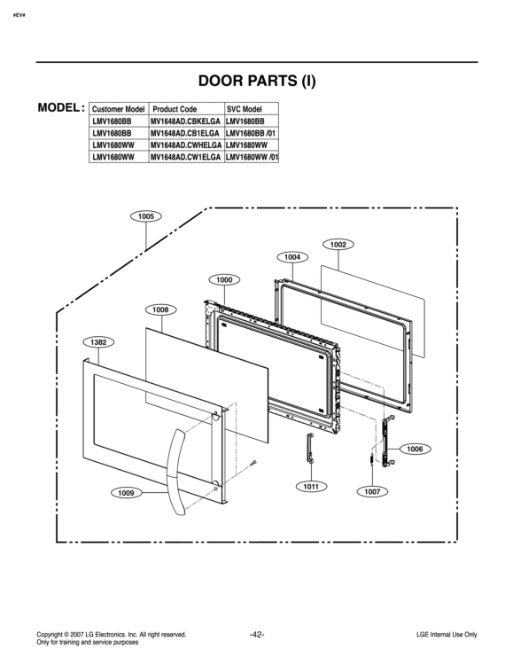 DOOR PARTS I Diagram and Parts List for LMV1680WW CW1ELGA LG Microwave