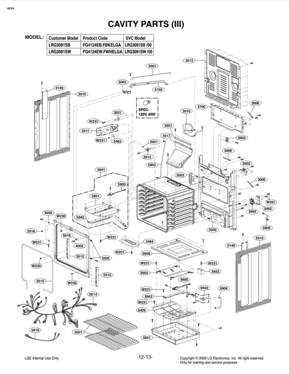 CAVITY PARTS III Diagram and Parts List for LRG3091SW FWHELGA LG Range