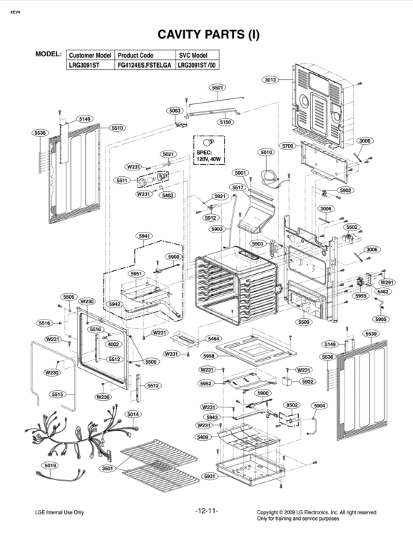 CAVITY PARTS I Diagram and Parts List for LRG3091ST FSTELGA LG Range