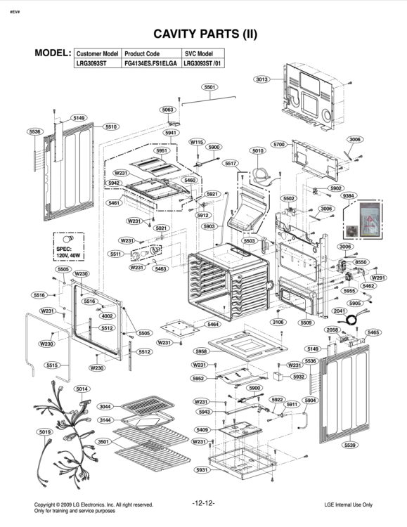CAVITY PARTS II Diagram and Parts List for LRG3093ST FS1ELGA LG Range