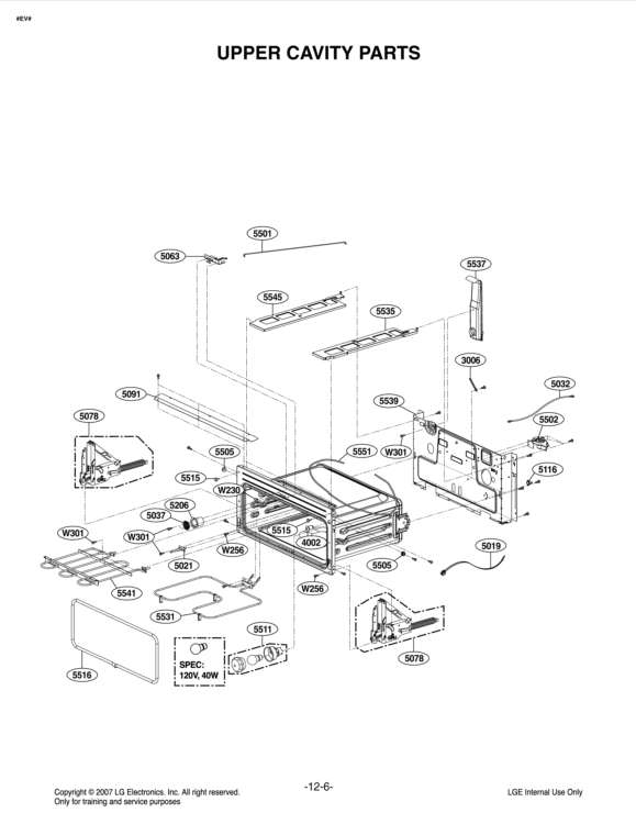 UPPER CAVITY PARTS Diagram and Parts List for LDE3011ST FSTLLGA LG Range
