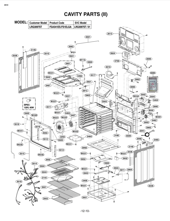 CAVITY PARTS II Diagram and Parts List for LRG3097ST FS1ELGA LG Range