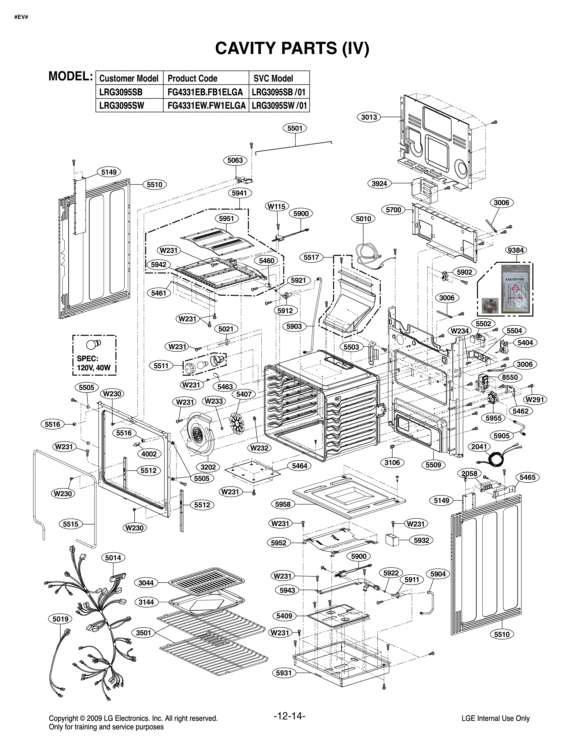 CAVITY PARTS IV Diagram and Parts List for LRG3095SB FB1ELGA LG Range