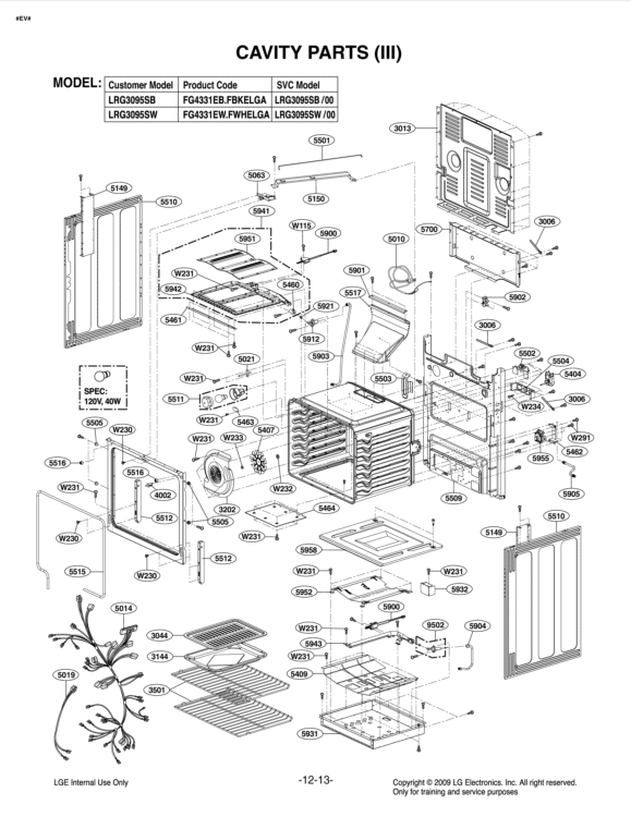 CAVITY PARTS III Diagram and Parts List for LRG3095SW FWHELGA LG Range