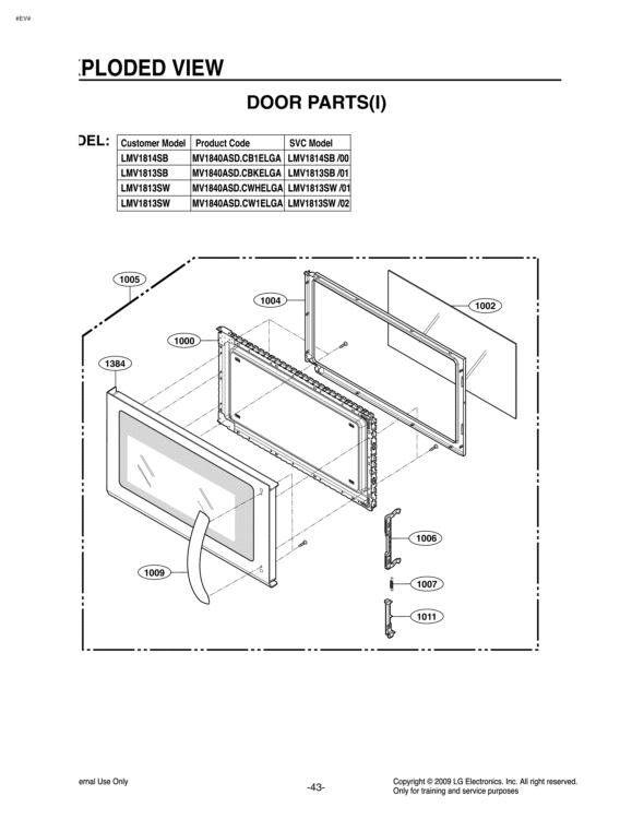 EXPLODED VIEW DOOR PARTS Diagram and Parts List for LMV1813SW CW1ELGA LG Microwave