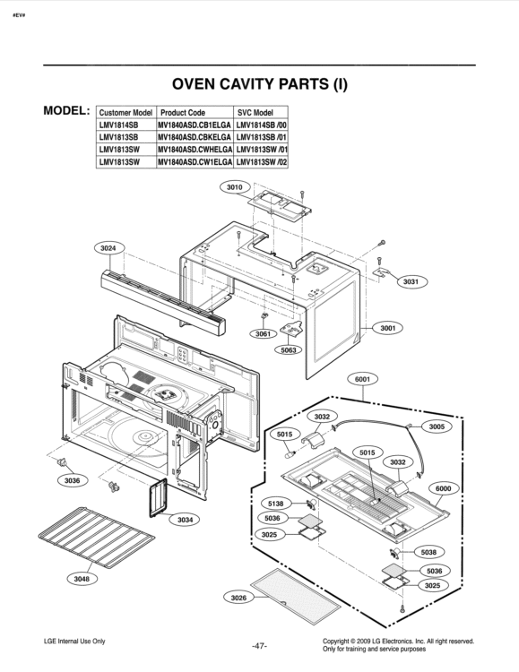 OVEN CAVITY PARTS I Diagram and Parts List for LMV1813SW CW1ELGA LG Microwave