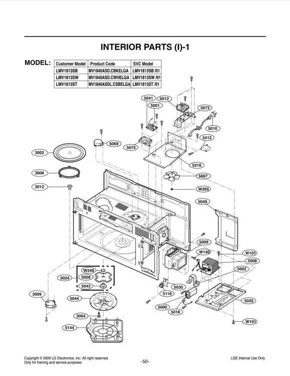 INTERIOR PARTS Diagram and Parts List for LMV1813SB CBKELGA LG Microwave