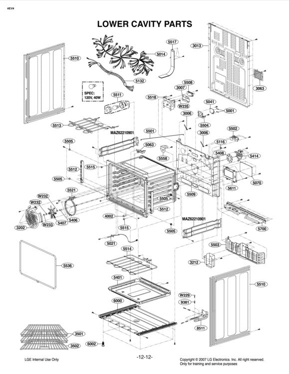 LOWER CAVITY PARTS Diagram and Parts List for LDE3017SB FBKLLGA LG Range