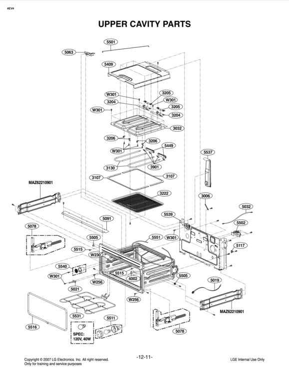 UPPER CAVITY PARTS Diagram and Parts List for LDE3017SB FB1LLGA LG Range