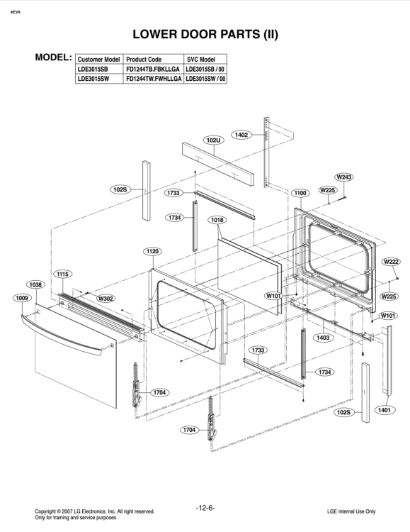 LOWER DOOR PARTS II Diagram and Parts List for LDE3015SB FBKLLGA LG Range
