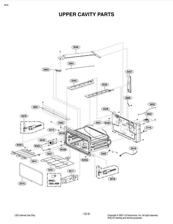 UPPER CAVITY PARTS Diagram and Parts List for LDE3015SB FBKLLGA LG Range