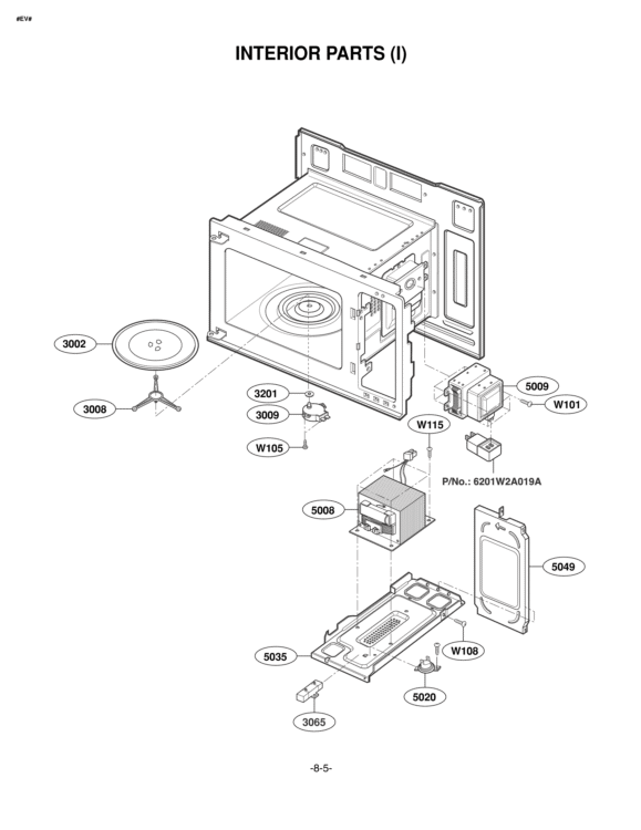 INTERIOR PARTS I Diagram and Parts List for LMV1314W AW1ELGA LG Microwave
