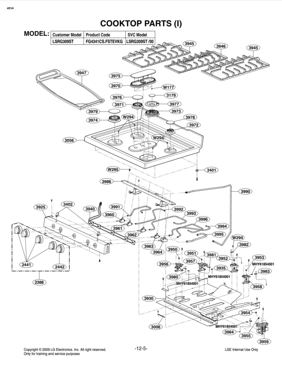 COOKTOP PARTS I Diagram and Parts List for LSRG309ST FSTEVKG LG Range