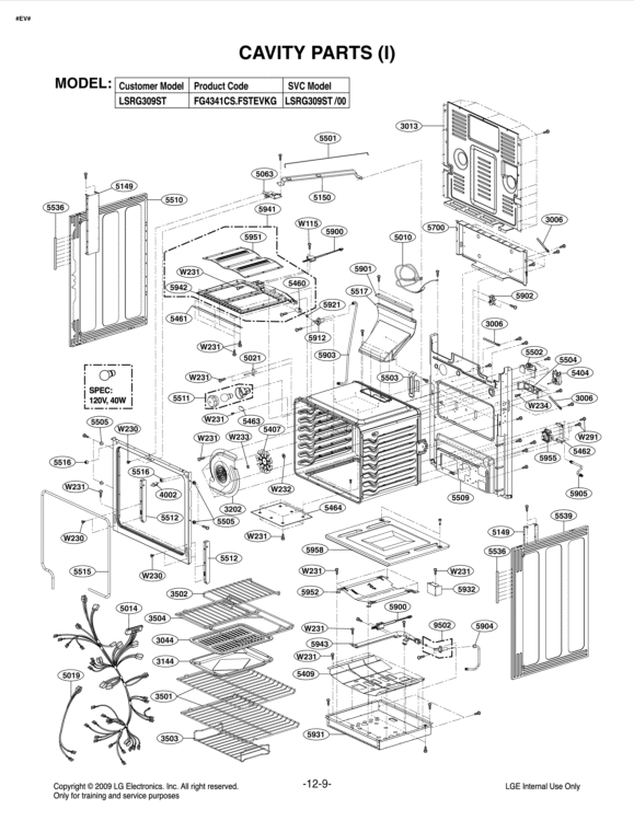 CAVITY PARTS I Diagram and Parts List for LSRG309ST FSTEVKG LG Range