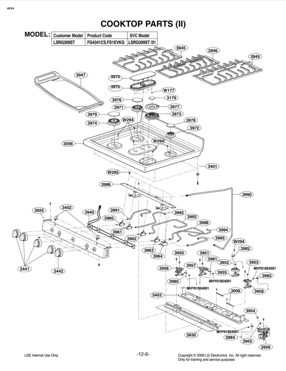 COOKTOP PARTS II Diagram and Parts List for LSRG309ST FS1EVKG LG Range