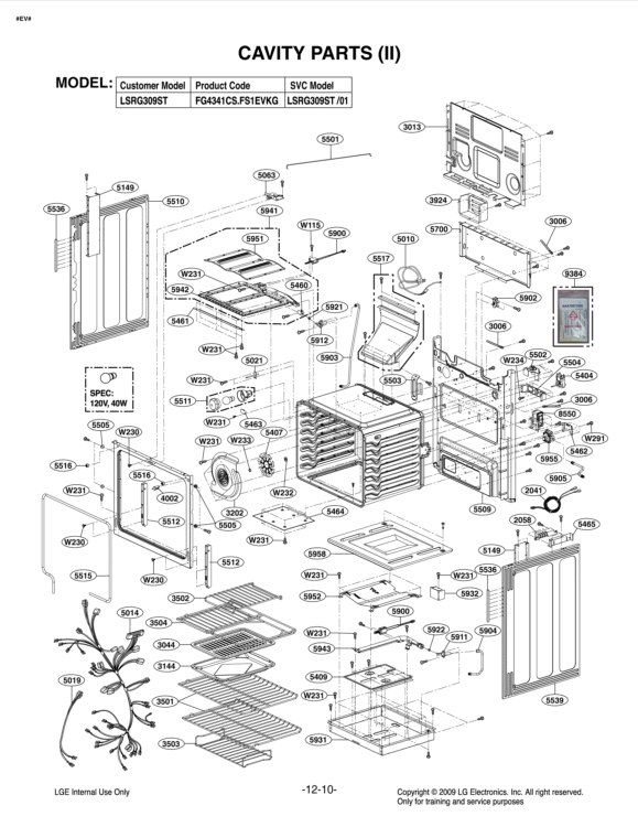 CAVITY PARTS II Diagram and Parts List for LSRG309ST FS1EVKG LG Range
