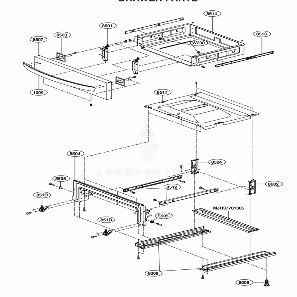 Drawer Parts Diagram and Parts List for LSD4913ST ASTLLGA LG Range