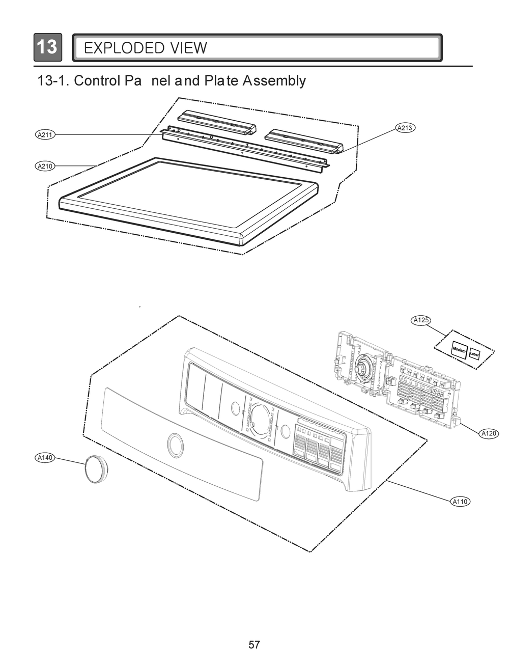 Control Panel And Plate Assembly Diagram and Parts List for RN13B5AS ABWESEU LG Dryer