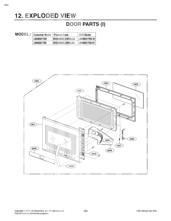 DOOR PARTS I   EXPLODED VIEW  MODEL Diagram and Parts List for LMHM2017SW CWHELGA LG Microwave