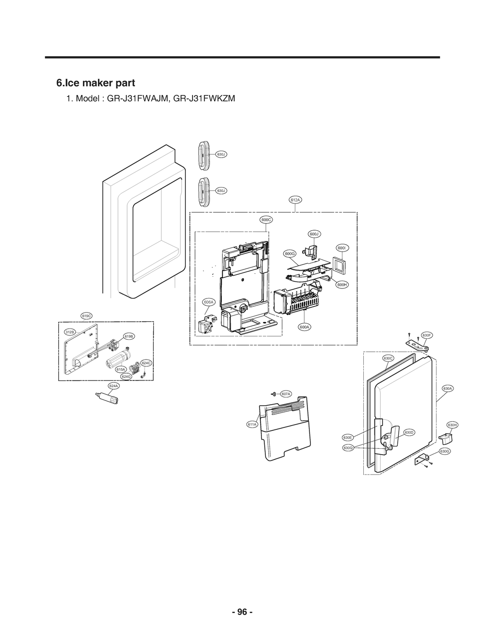 Ice Maker Part Diagram and Parts List for GR-J31FWAJM ASBCNA0 LG Refrigerator