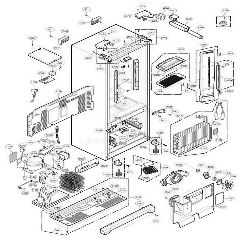 Case Parts Diagram and Parts List for 78733 ASTCSER LG Refrigerator