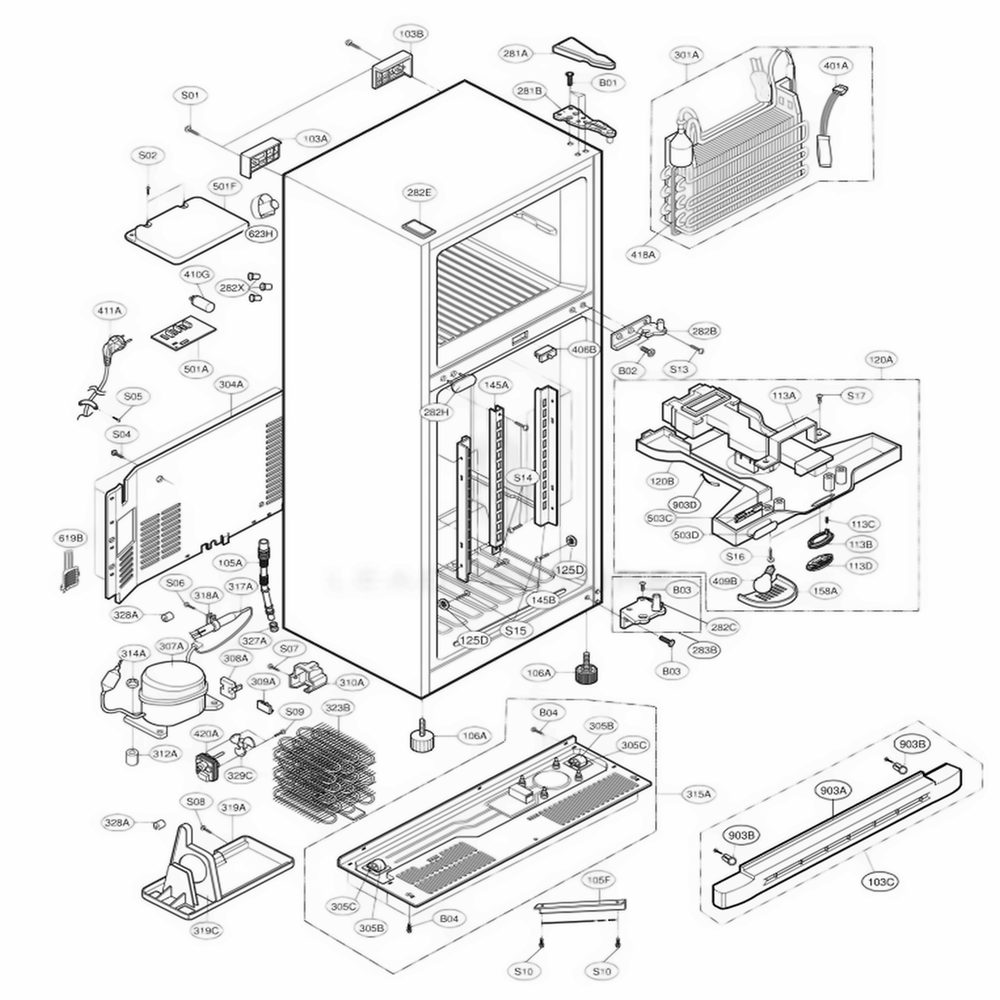 Case Parts Diagram and Parts List for LRTN19310SW ASWCLGA LG Refrigerator