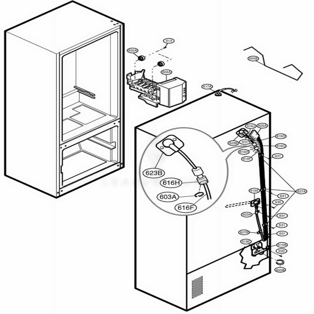 Ice Maker Parts Diagram and Parts List for 77552 ASWCSEF LG Refrigerator