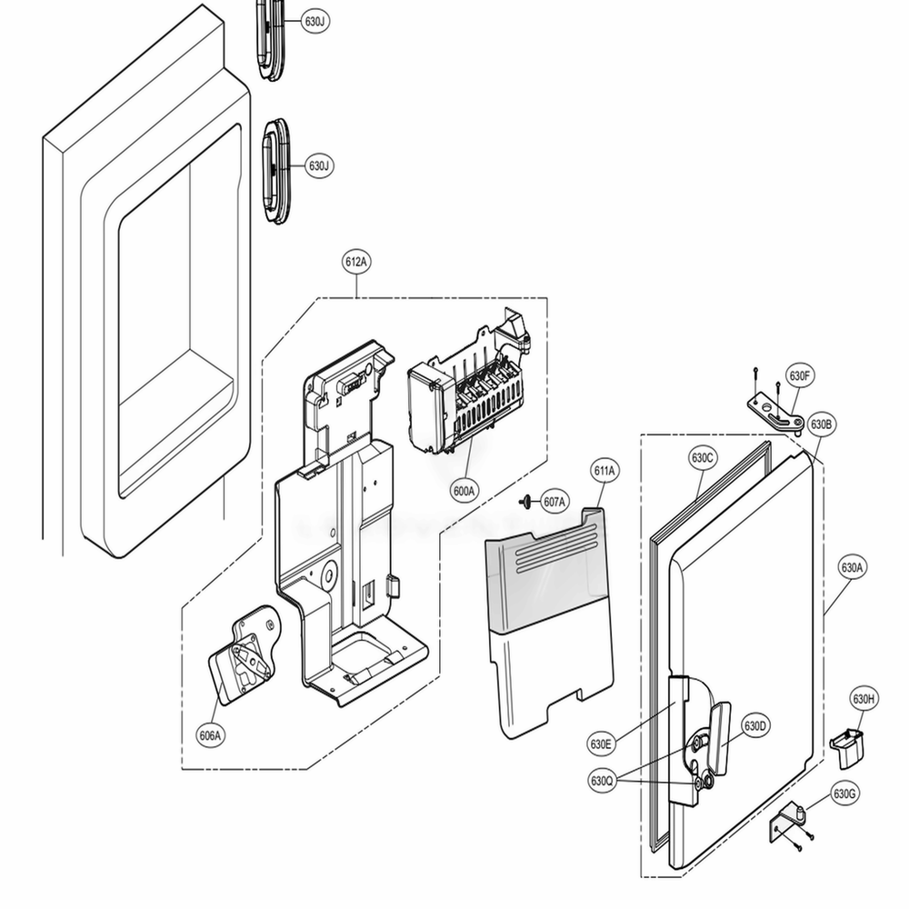 Ice Maker And Ice Bin Parts Diagram and Parts List for 72482 ASWCSE1 LG Refrigerator