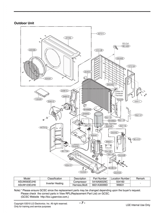 Exploded View Diagram and Parts List for Y1010 ANCBEUS LG Air Conditioner