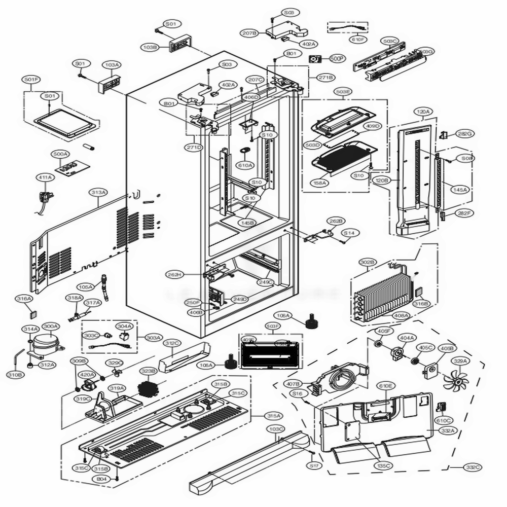 Case Parts Diagram and Parts List for 71602 ASWCSE5 LG Refrigerator