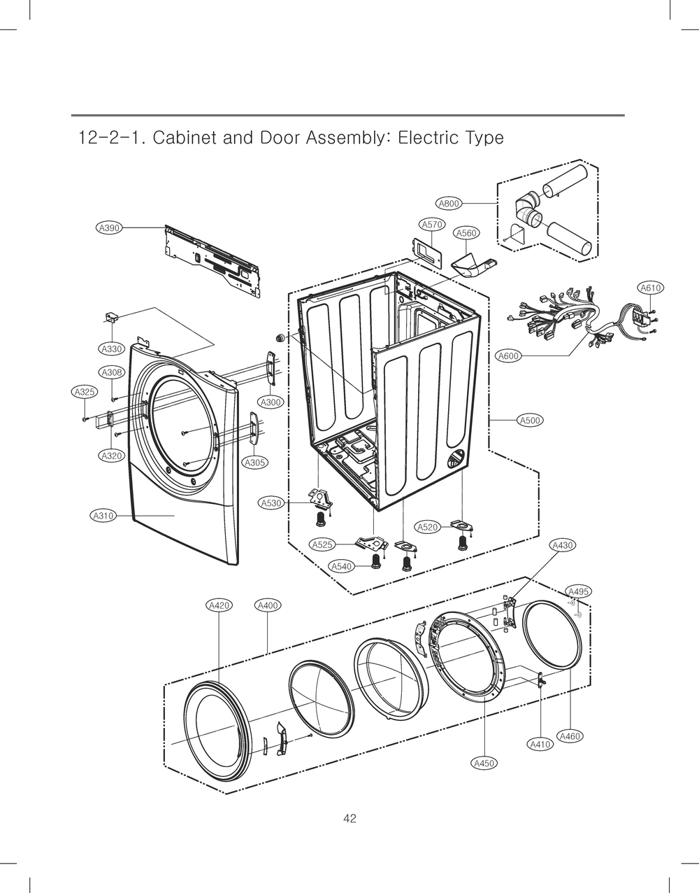 Cabinet And Door Assembly Diagram and Parts List for RV1390A1 ABWESEU LG Dryer