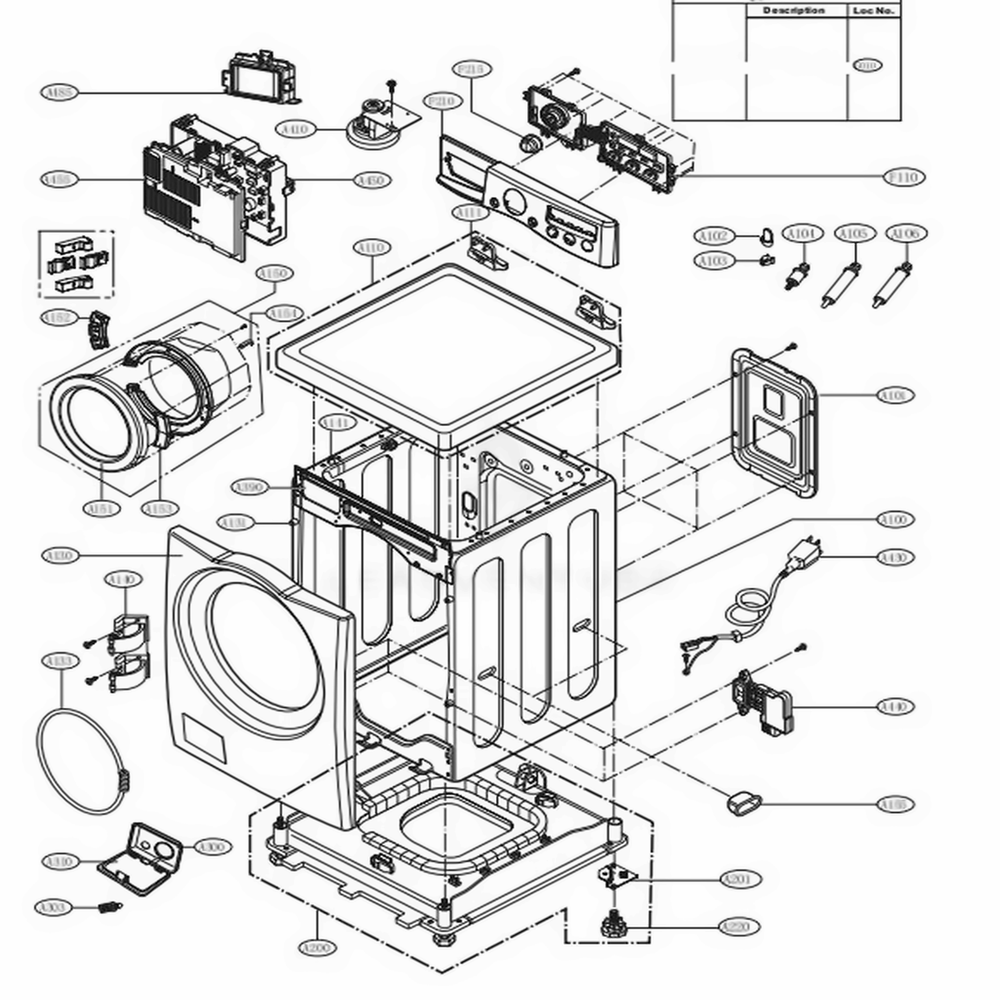 Cabinet And Control Panel Assembly Diagram and Parts List for 41182 ABWEPEU LG Washer