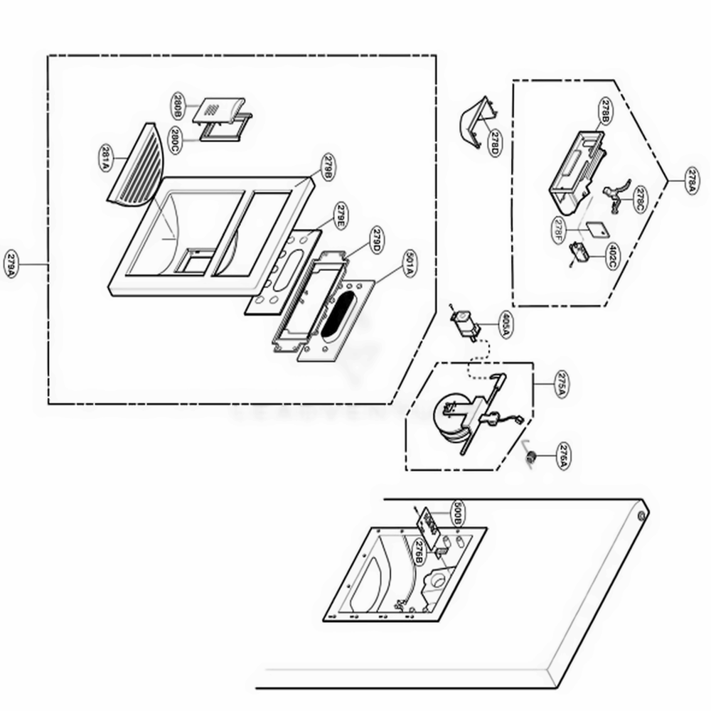 Dispenser Parts Diagram and Parts List for 79762 ASWCSEF LG Refrigerator