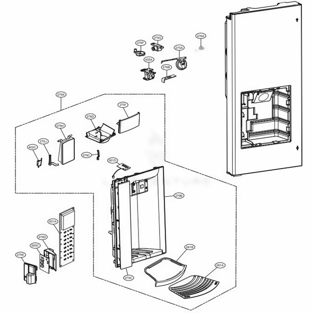 Dispenser Parts Diagram and Parts List for LFX21976ST ASTCNA8 LG Refrigerator