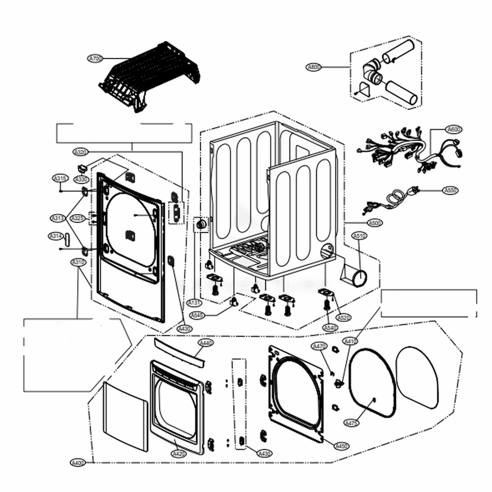 Cabinet And Door Assembly: Gas Type Diagram and Parts List for DLG1502W ABWEEUS LG Dryer