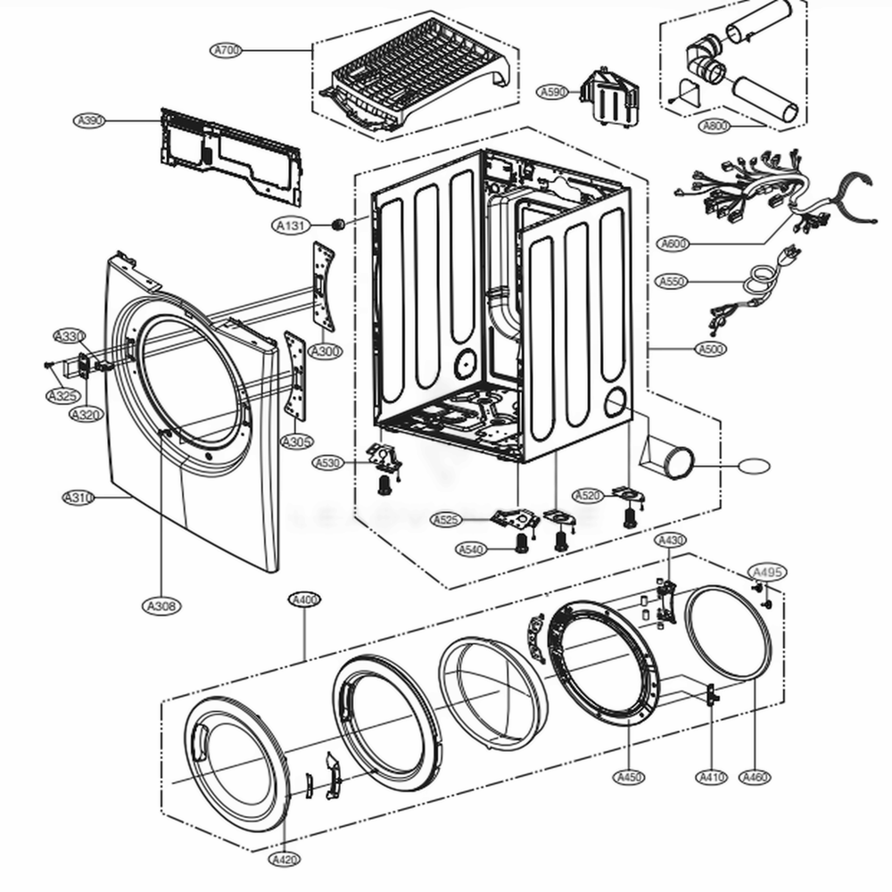 Cabinet And Door Assembly: Gas Type Diagram and Parts List for 91383 ASTESEU LG Dryer