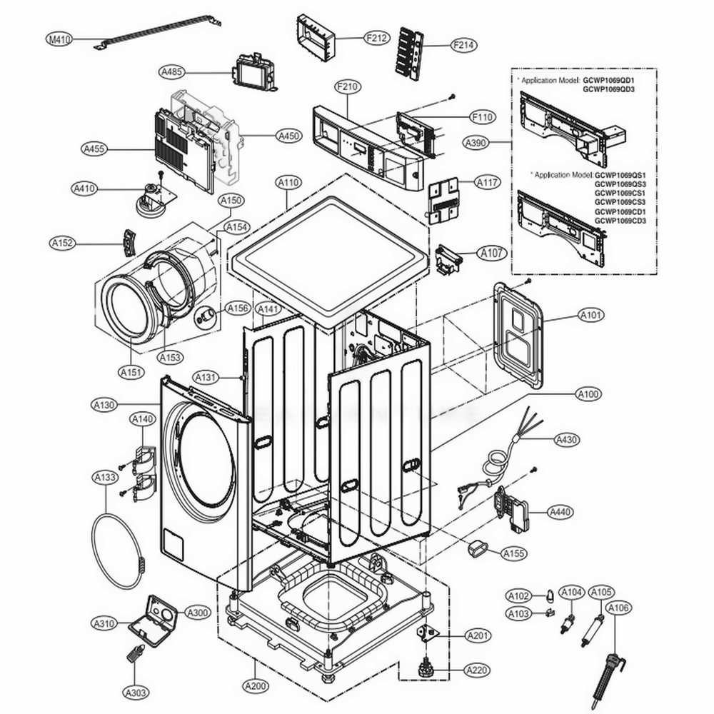Cabinet And Control Panel Assembly Diagram and Parts List for GCWP1069CS3 ASSEELC LG Washer