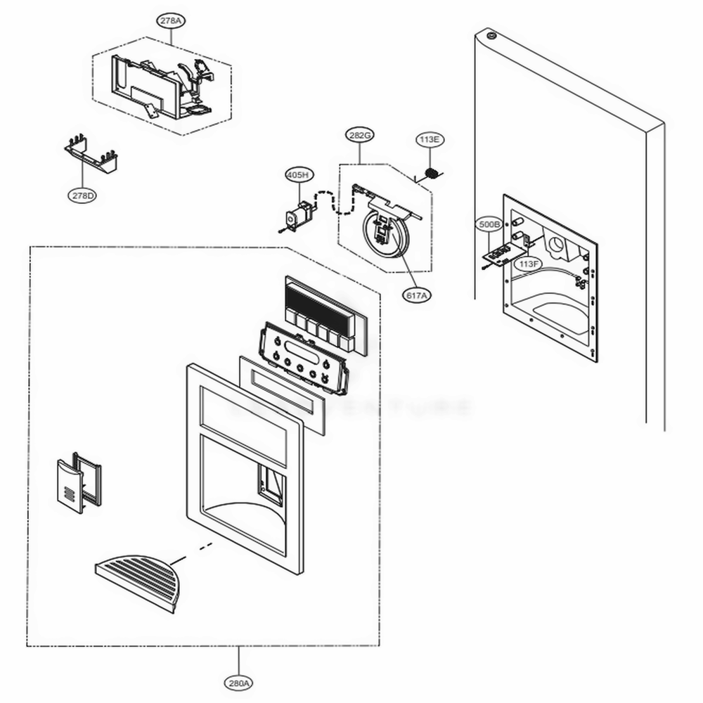 Dispenser Parts Diagram and Parts List for 78403 AST1SER LG Refrigerator
