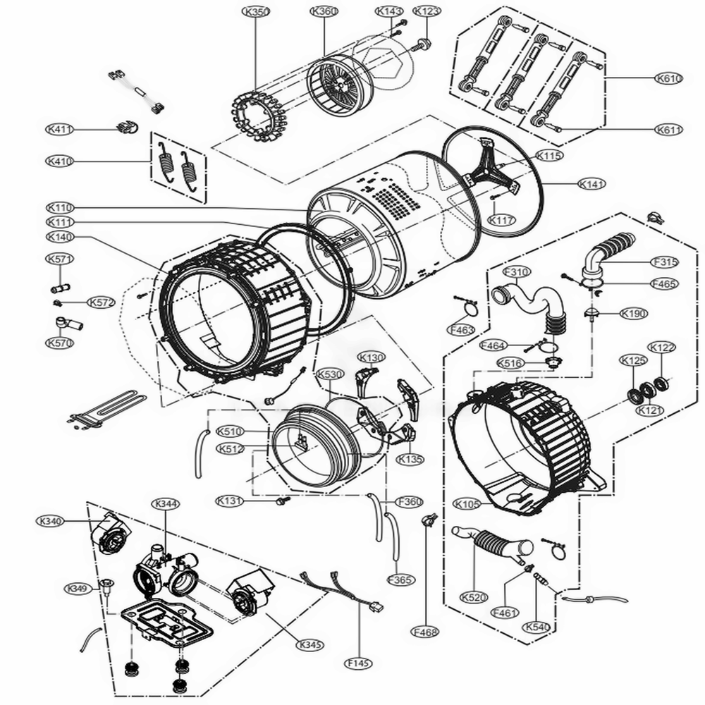 Drum And Tub Assembly Diagram and Parts List for 41483 ASTEPEU LG Washer