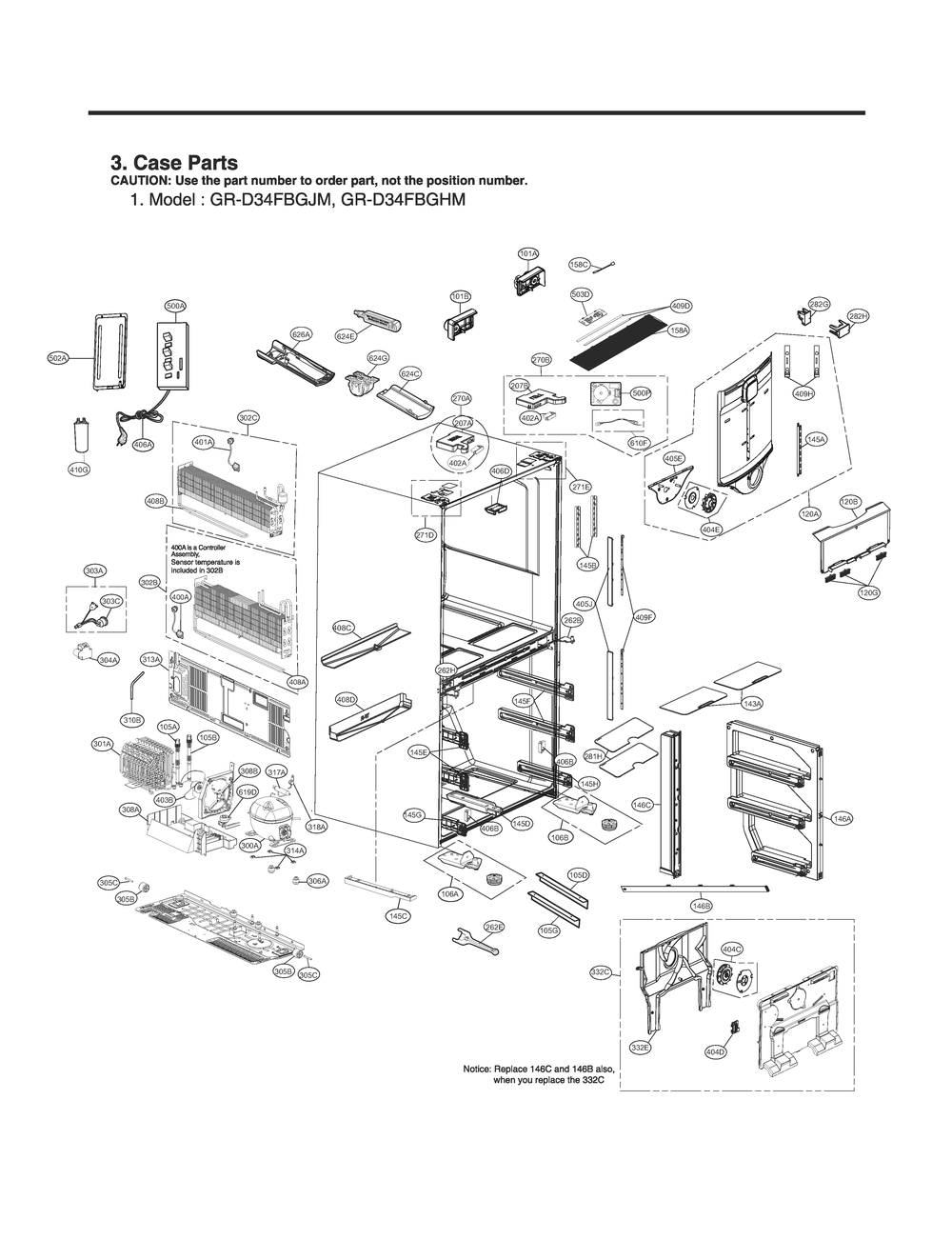 Case Parts Diagram and Parts List for GR-D34FBGJM ALBCNA0 LG Refrigerator