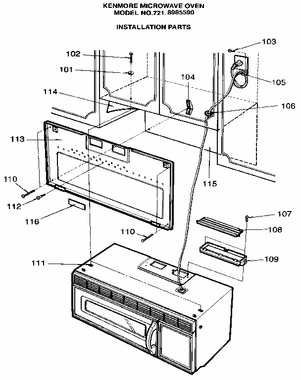 Installation Parts Diagram and Parts List for 7218985590  Kenmore Microwave