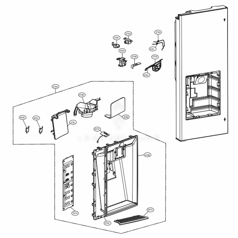 Dispenser Parts Diagram and Parts List for LMXC23746S ASTCNA3 LG Refrigerator