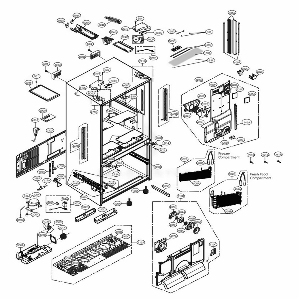 Case Parts Diagram and Parts List for LFXS32726S ASTCNA1 LG Refrigerator