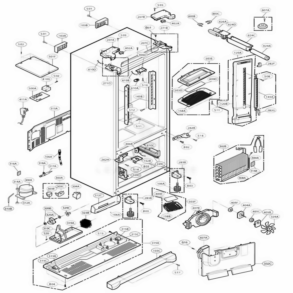 Case Parts Diagram and Parts List for 79733 AST1SER LG Refrigerator