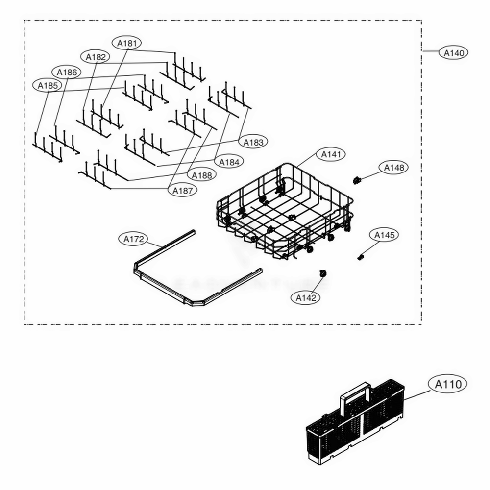 Lower Rack Assembly Diagram and Parts List for LSDF9963ST ASTEEUS LG Dishwasher