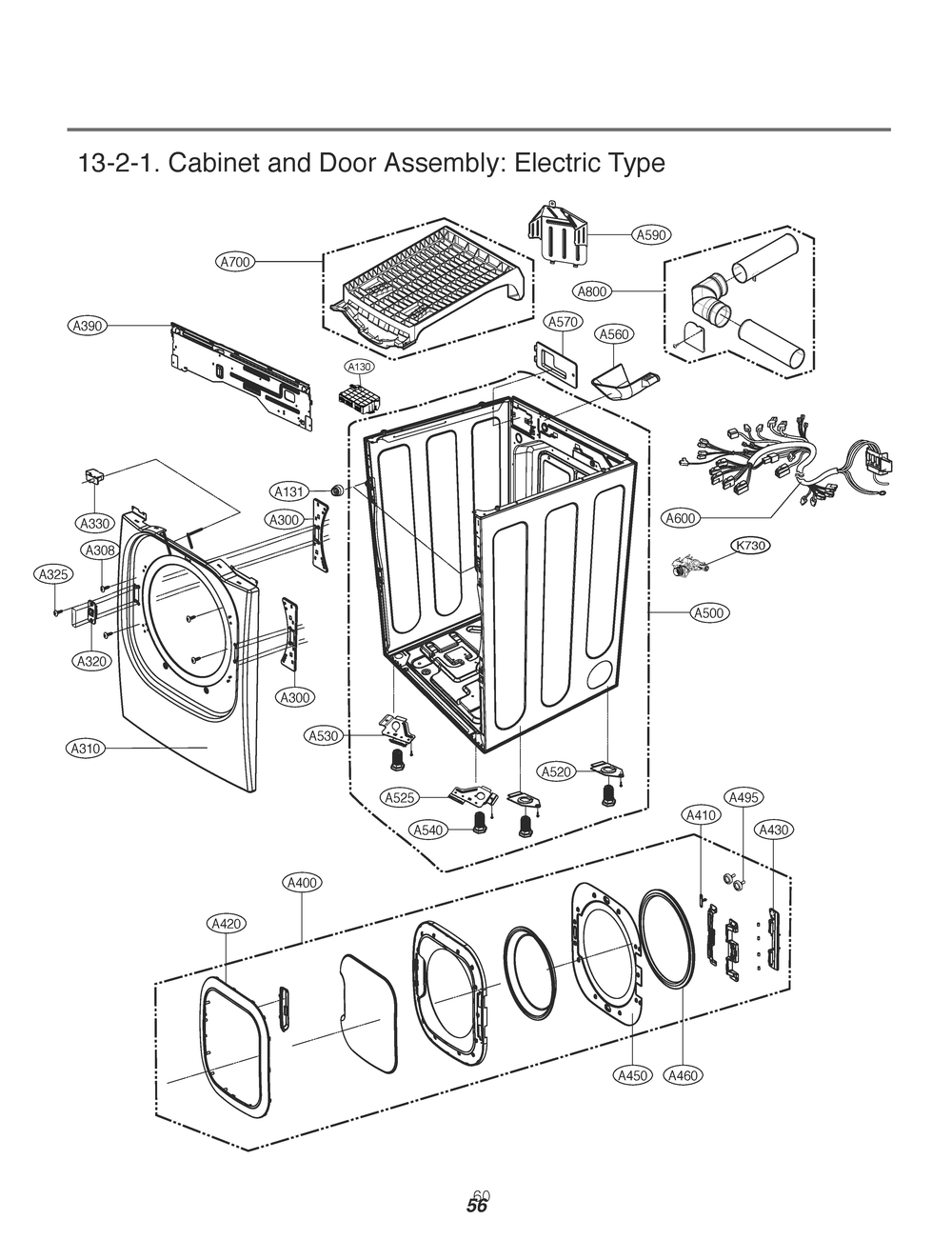 Cabinet And Door Assembly Diagram and Parts List for RV13U5JSDW ABLEEUS LG Washer