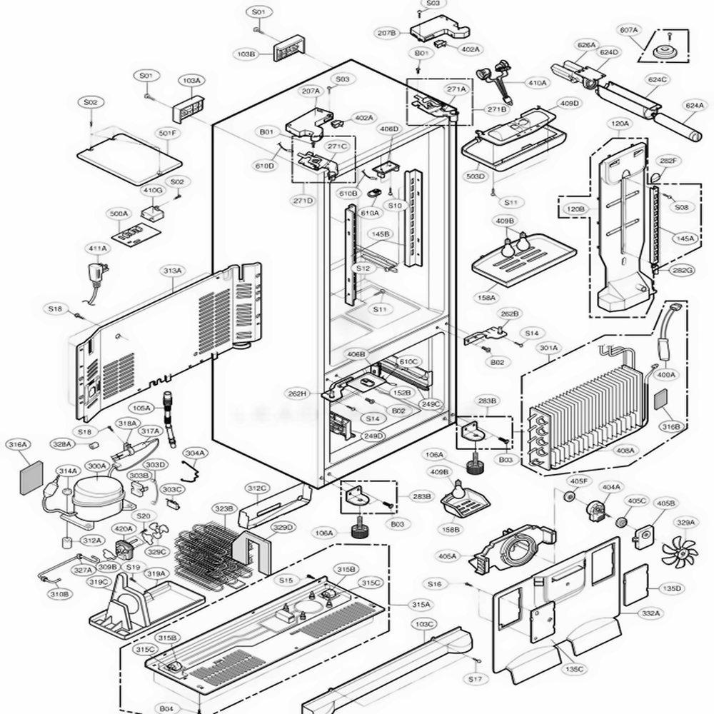 Case Parts Diagram and Parts List for 78549 AWB3SER LG Refrigerator